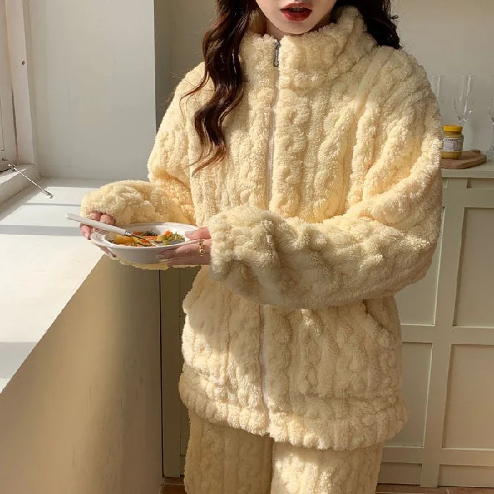 M-2XL Women's Coral Fleece Pajamas Set Winter Sleepwear Korean Solid Home Clothes Sweet Ins Thickened Zipper Cardigan Loungewear GoodSnoze