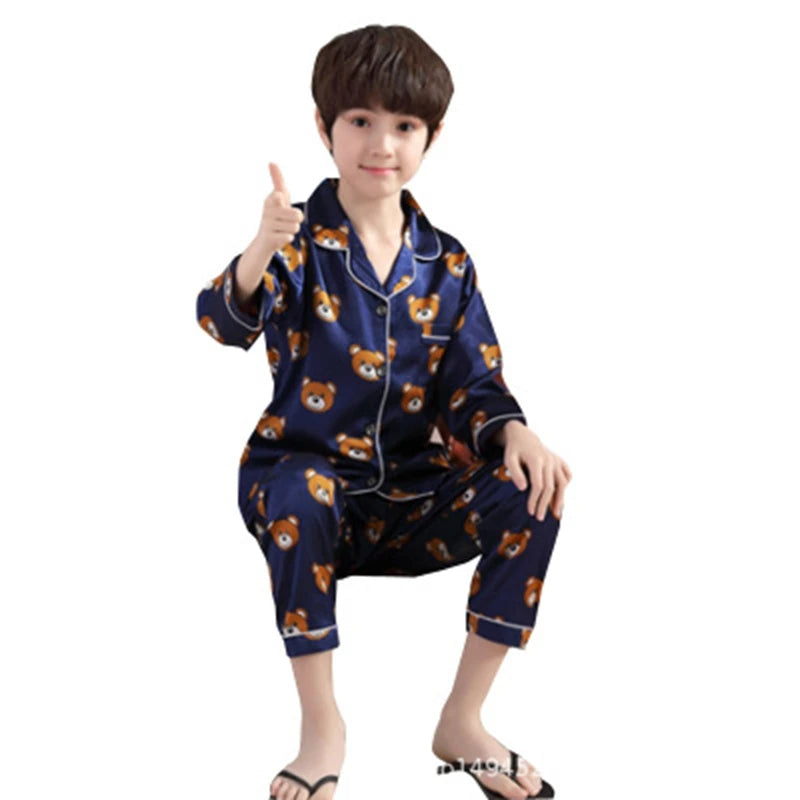 New Lapel Printed Set Long-Sleeved Pajamas Set Girls Bear Cartoon Children's Home Wear Toddler Boy Pyjamas Pjs for Kids GoodSnoze