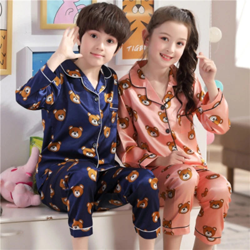 New Lapel Printed Set Long-Sleeved Pajamas Set Girls Bear Cartoon Children's Home Wear Toddler Boy Pyjamas Pjs for Kids GoodSnoze
