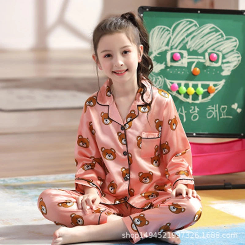 New Lapel Printed Set Long-Sleeved Pajamas Set Girls Bear Cartoon Children's Home Wear Toddler Boy Pyjamas Pjs for Kids GoodSnoze