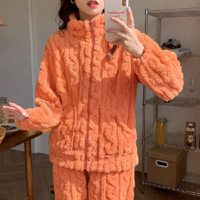 M-2XL Women's Coral Fleece Pajamas Set Winter Sleepwear Korean Solid Home Clothes Sweet Ins Thickened Zipper Cardigan Loungewear GoodSnoze