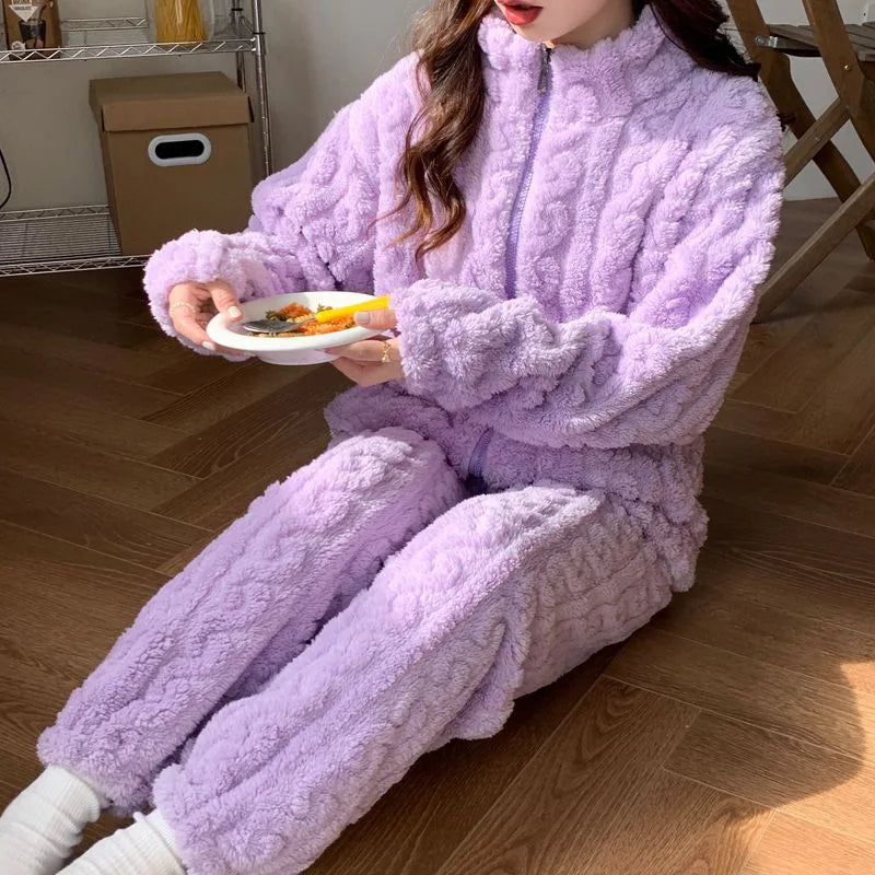 M-2XL Women's Coral Fleece Pajamas Set Winter Sleepwear Korean Solid Home Clothes Sweet Ins Thickened Zipper Cardigan Loungewear GoodSnoze