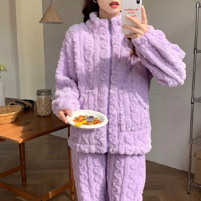 M-2XL Women's Coral Fleece Pajamas Set Winter Sleepwear Korean Solid Home Clothes Sweet Ins Thickened Zipper Cardigan Loungewear GoodSnoze