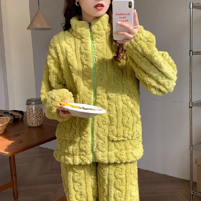 M-2XL Women's Coral Fleece Pajamas Set Winter Sleepwear Korean Solid Home Clothes Sweet Ins Thickened Zipper Cardigan Loungewear GoodSnoze