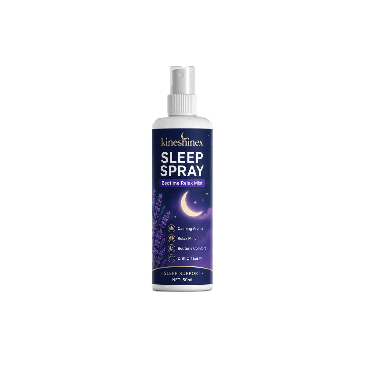A bottle of Kinesilinex Sleep Spray with a white plastic body and a dark purple label featuring a crescent moon and stars, set against a plain white background.
